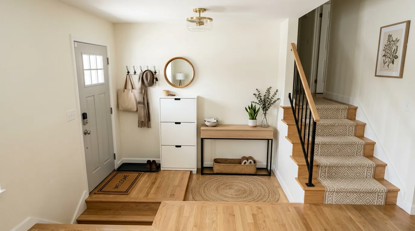 Split level entrance with statement pendant over stairwell
