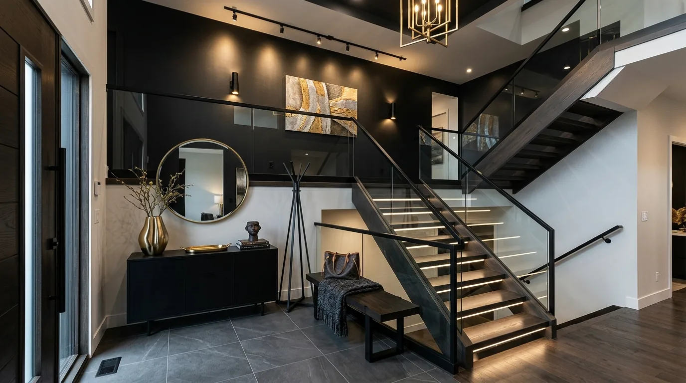 Farmhouse split level entry with shiplap detail