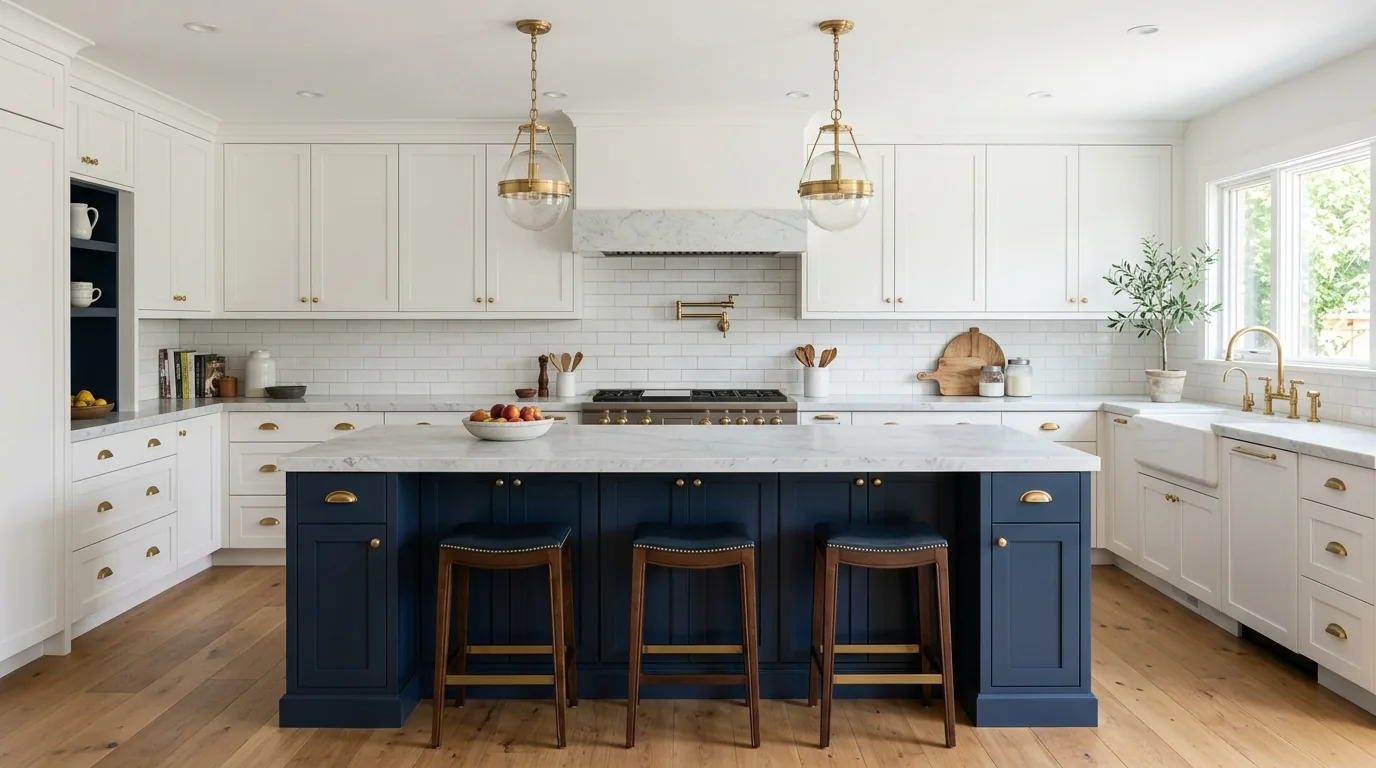 Deep navy island with brass pendants