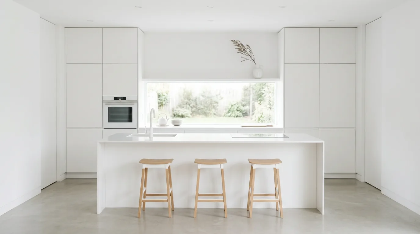Fluted wood kitchen island with stone counter