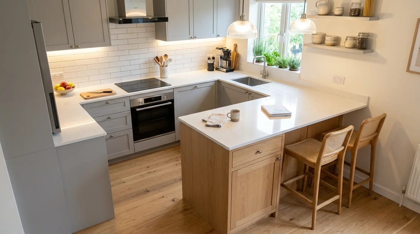 Minimal island with hidden drawers and flush outlets