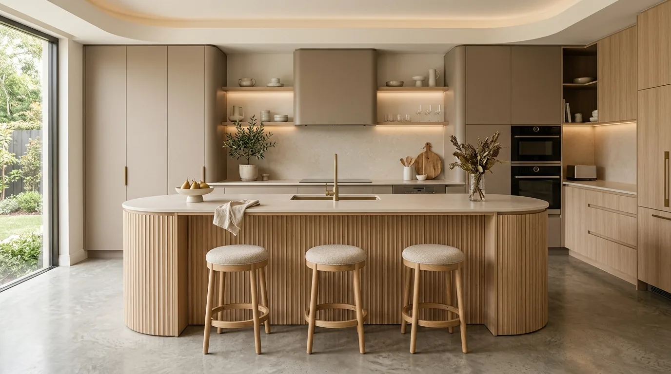 Compact island with slim seating overhang