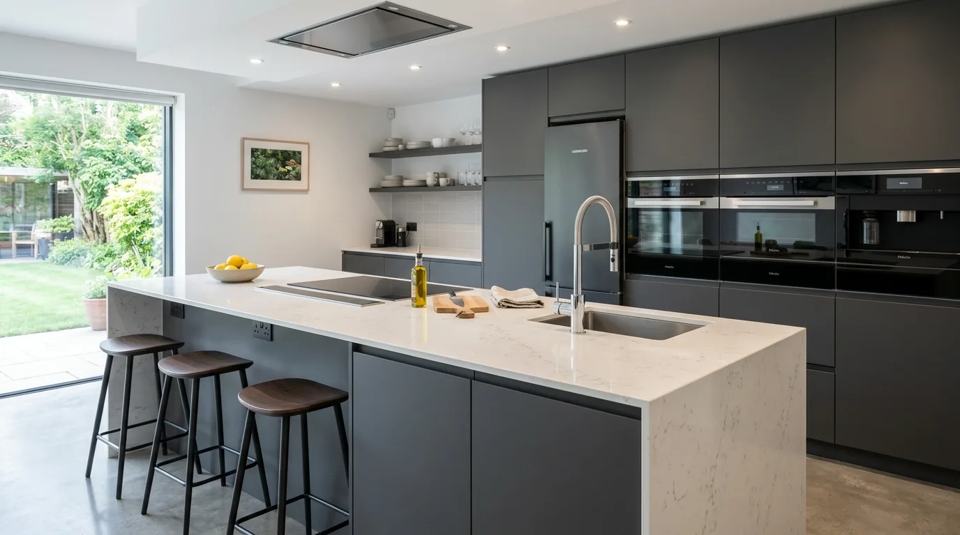 Island with ribbed panel detail and pendant trio above