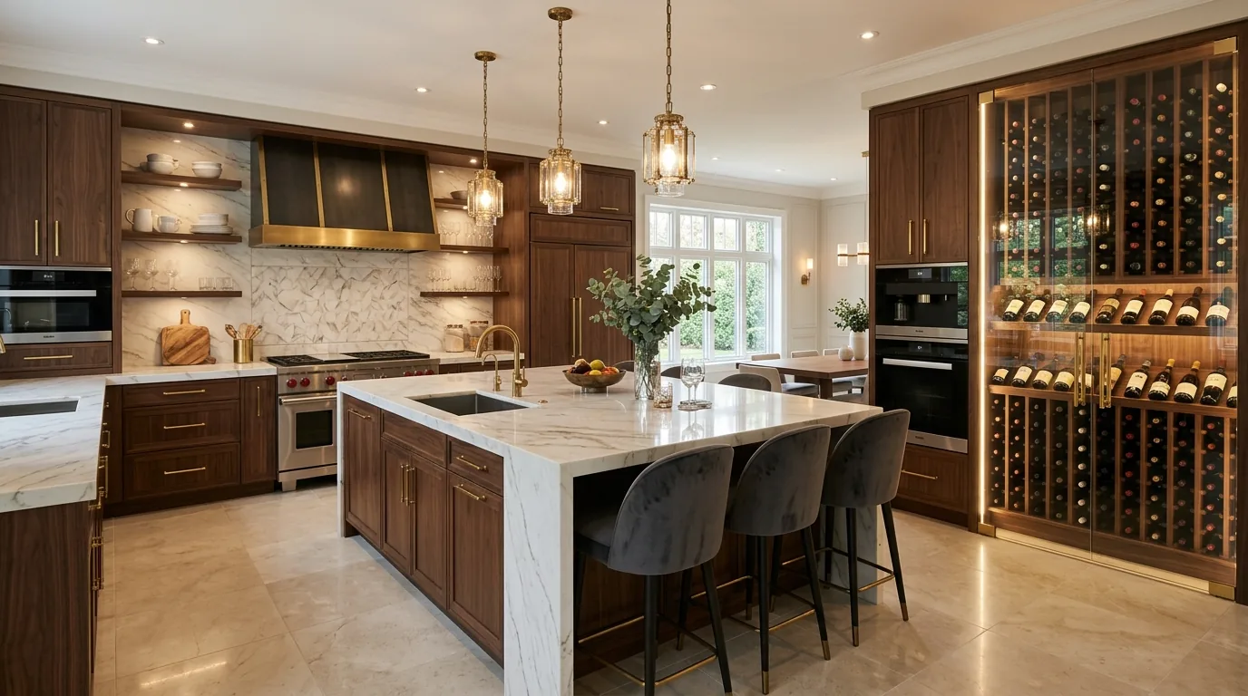 Matte black island with wood accents