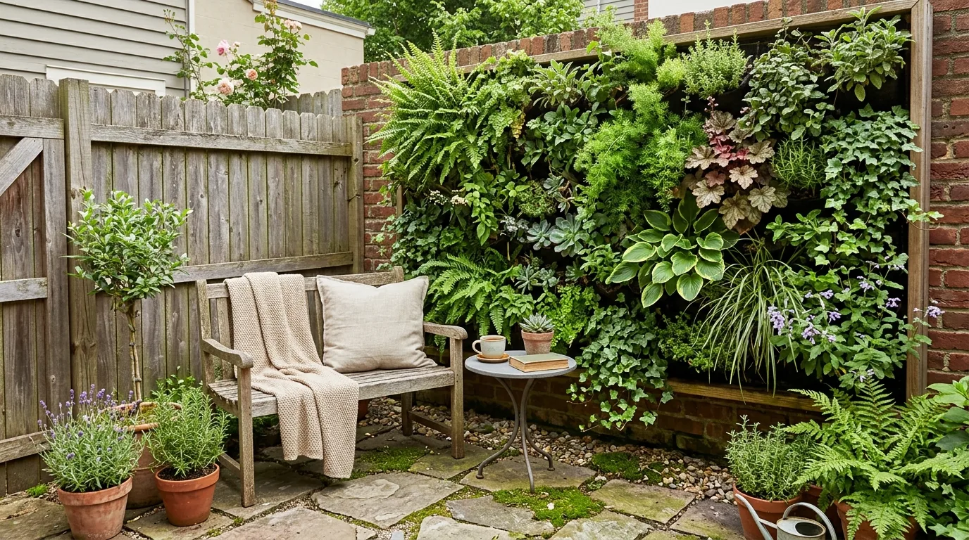 Tiny patio garden with layered terracotta pots