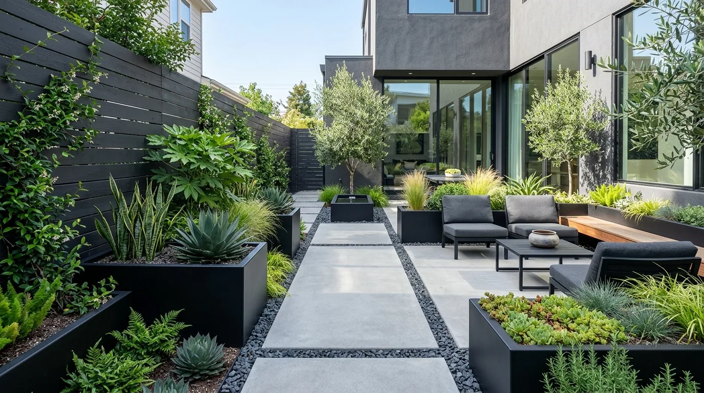 Urban garden corner with metal shelf for pots