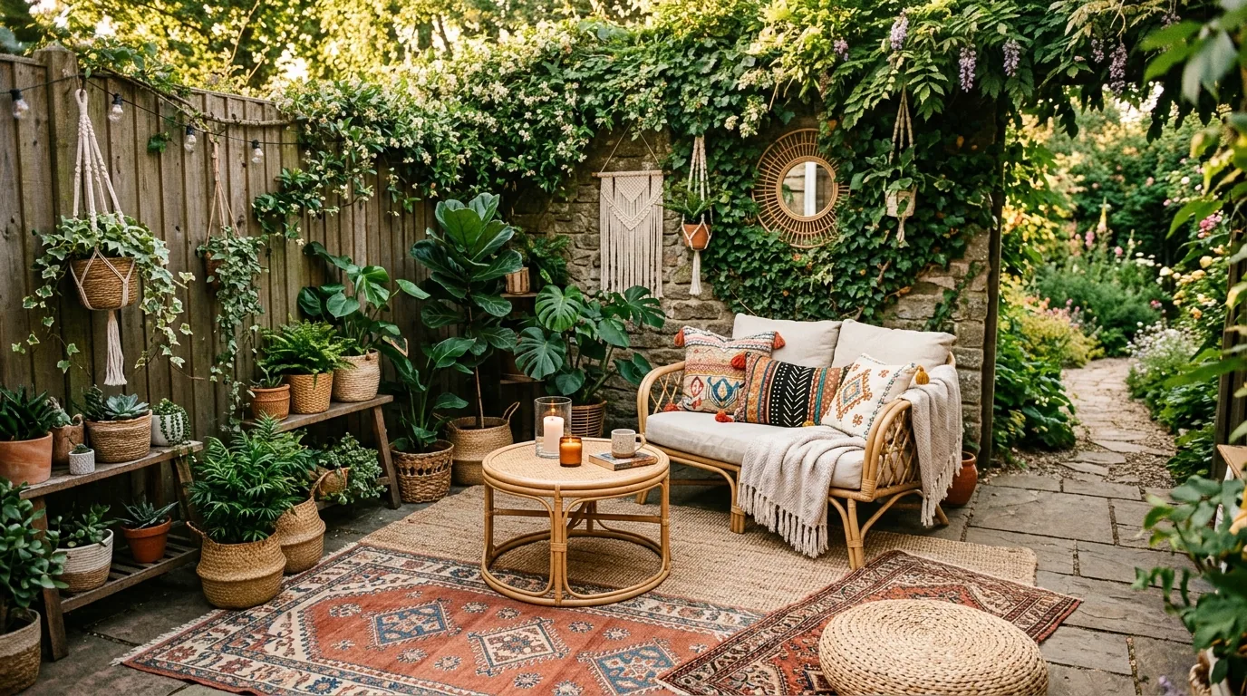 Cozy cottage style small garden with roses