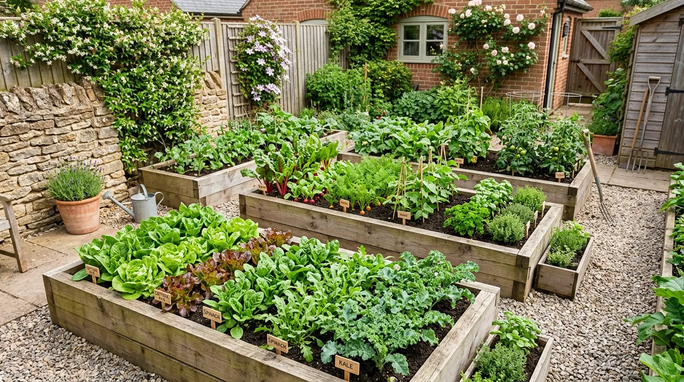 Modern small garden with black planters