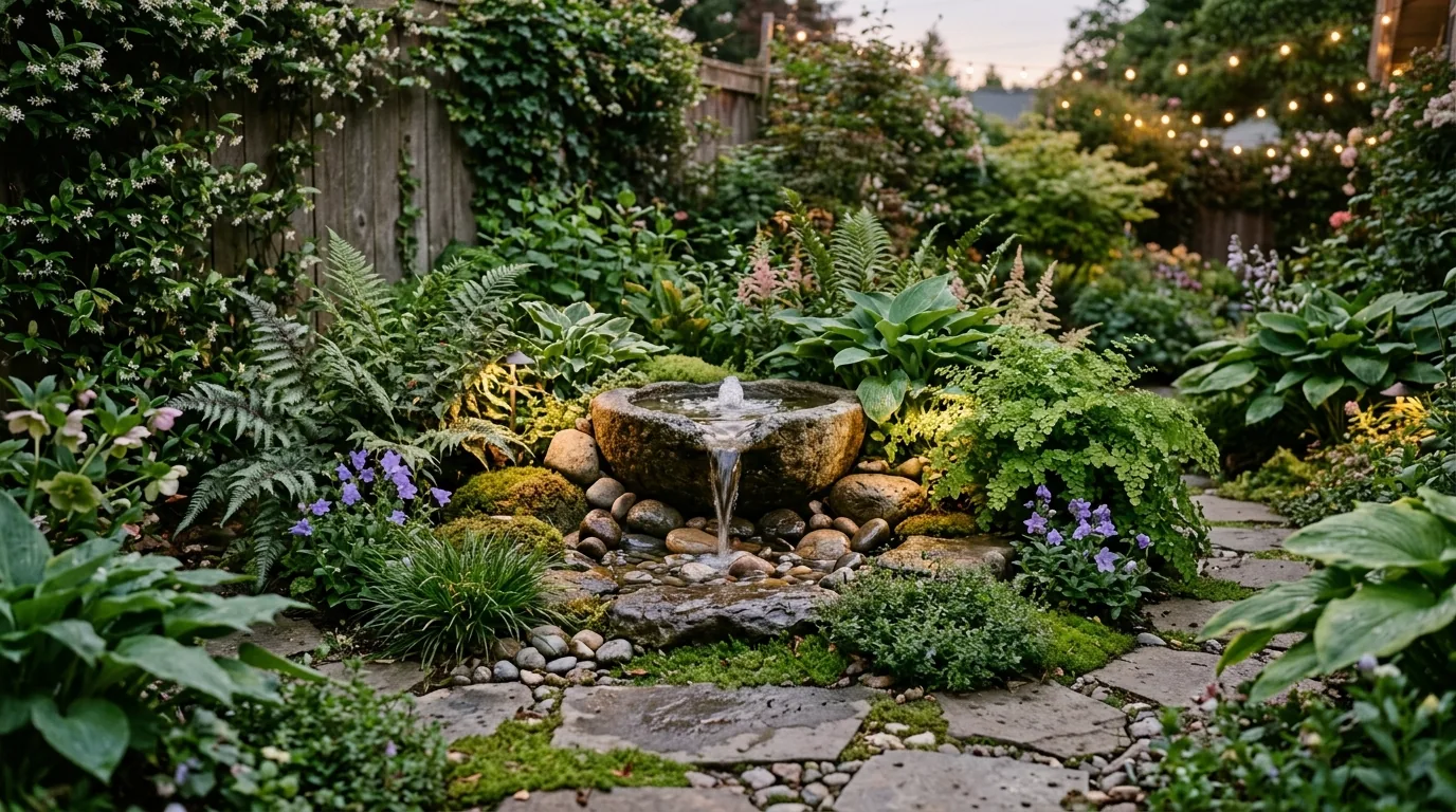Small deck garden with built in seating and planter wall