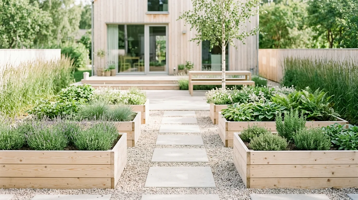 Tiny front garden with layered shrubs