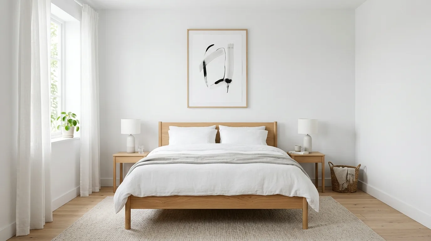 Warm modern bedroom with paneled wall behind the bed