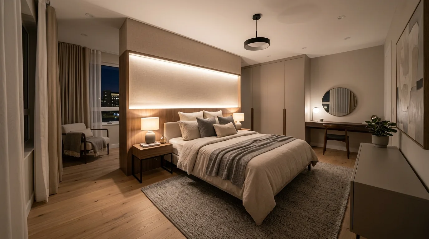 All beige modern bedroom with boucle bench