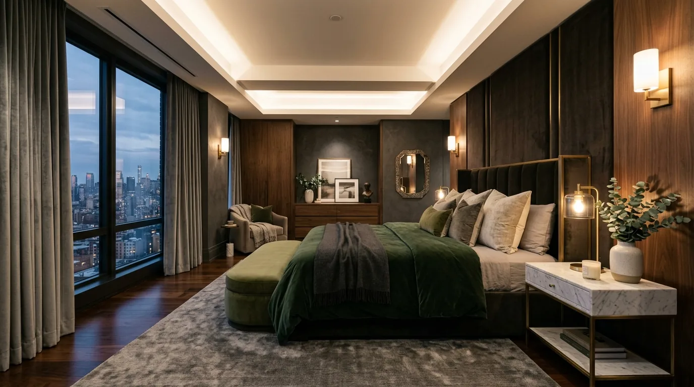 Modern bedroom with black frame bed