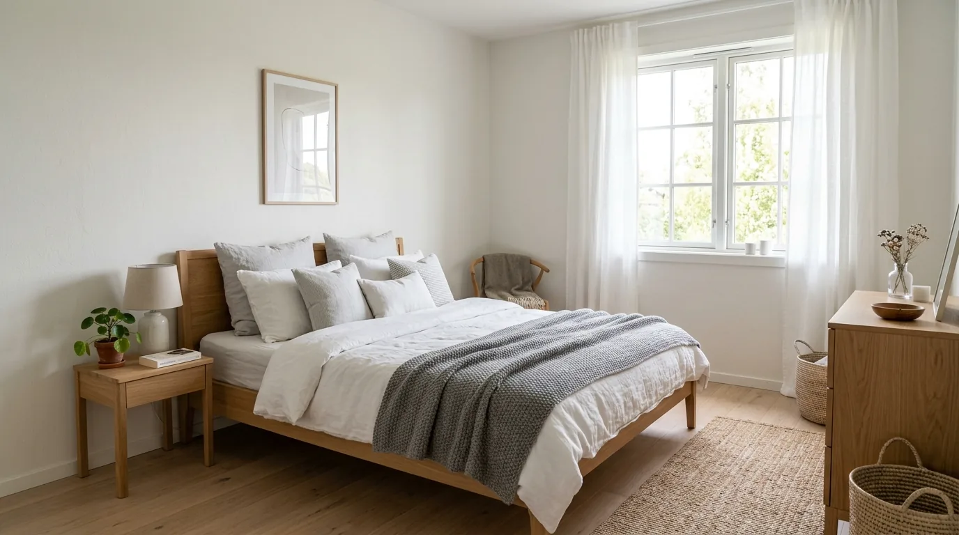 Scandinavian bedroom with pale wood furniture