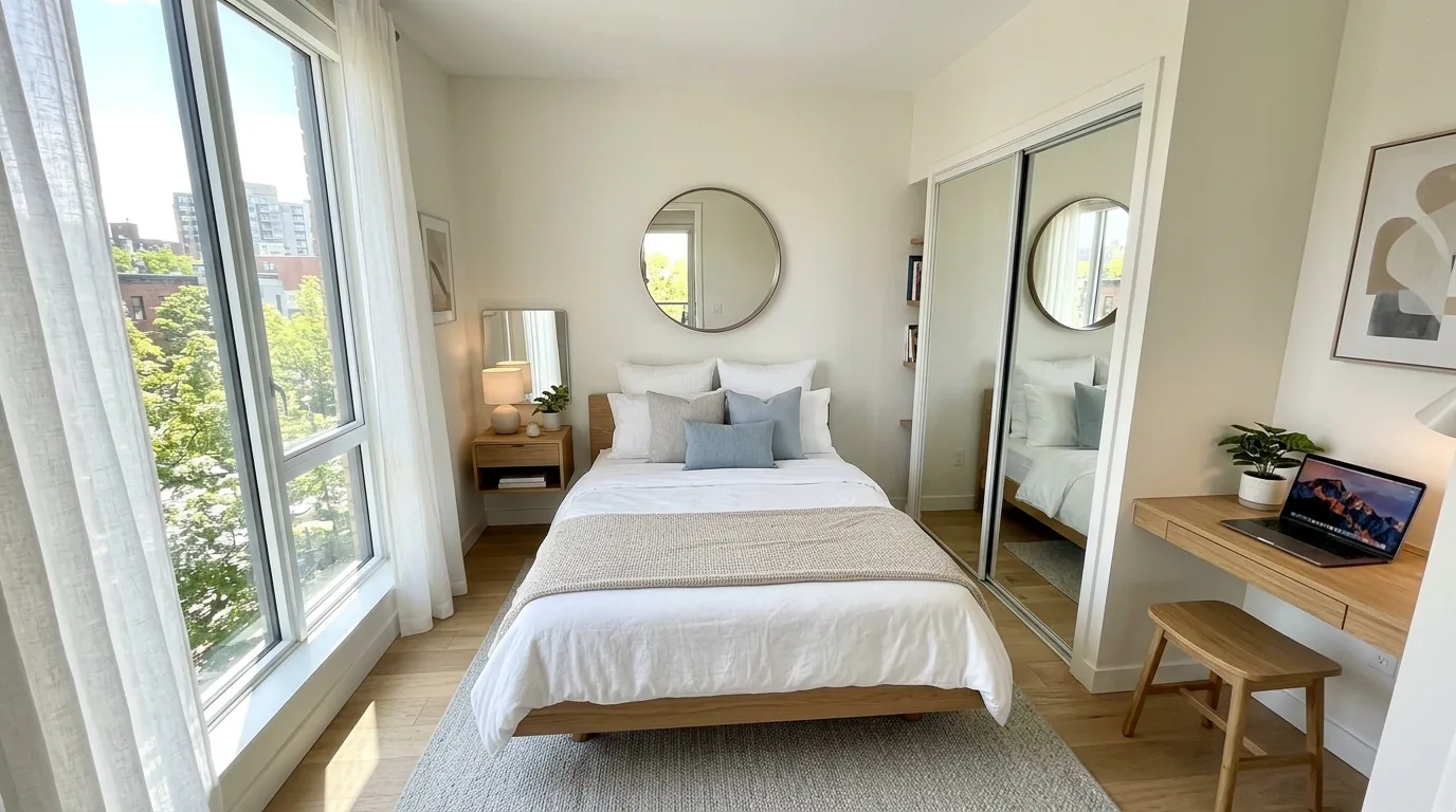 Small modern bedroom with slim bedside shelves