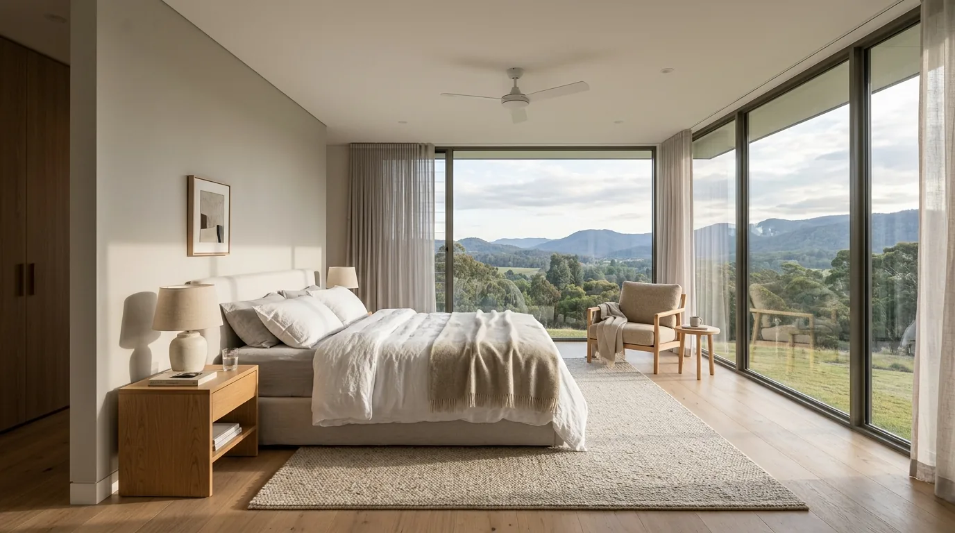 Moody modern bedroom with dark wood tones