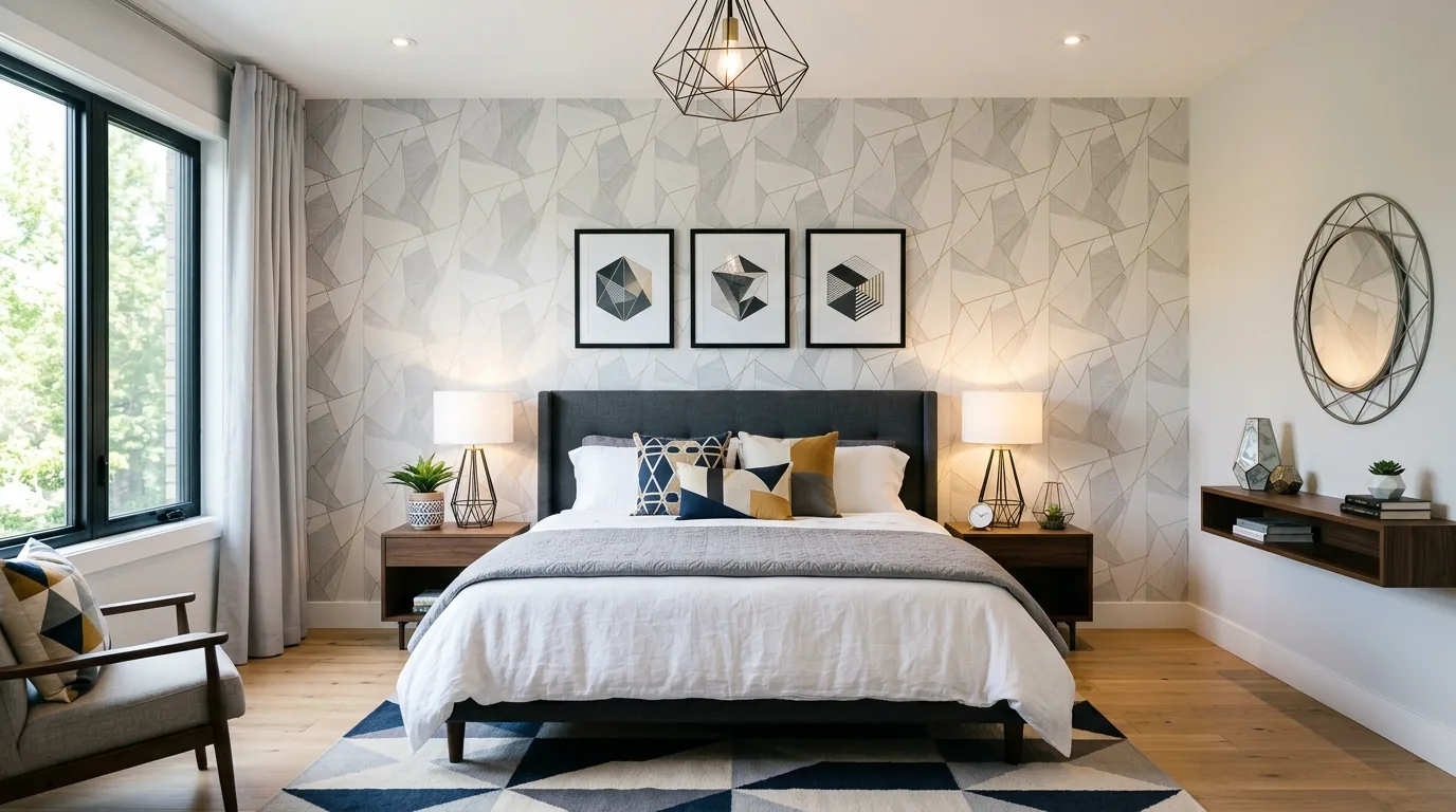 Modern bedroom with curved headboard