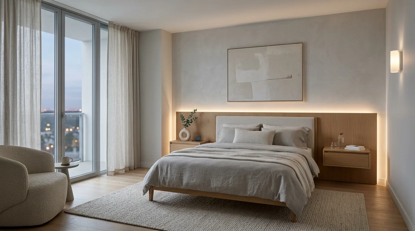Minimalist bedroom with integrated storage wall