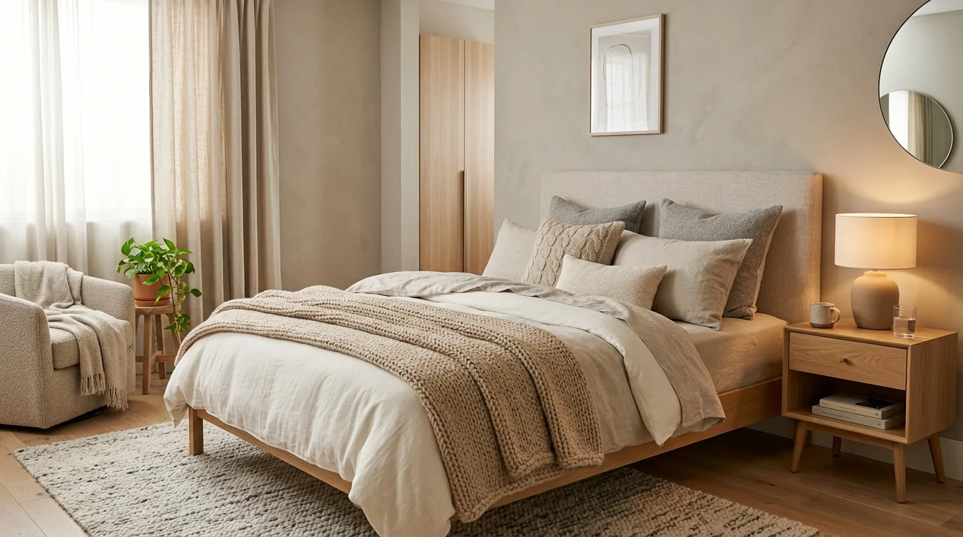 High end modern bedroom with tall upholstered headboard