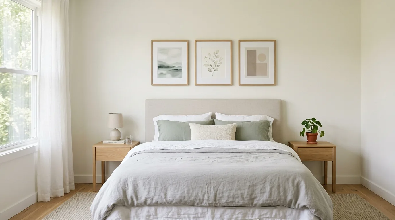 Bedroom with two framed prints above upholstered headboard