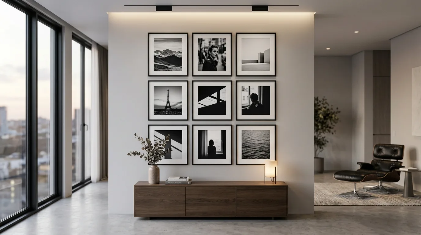 Small hallway gallery wall with matching frames and soft tonal photographs