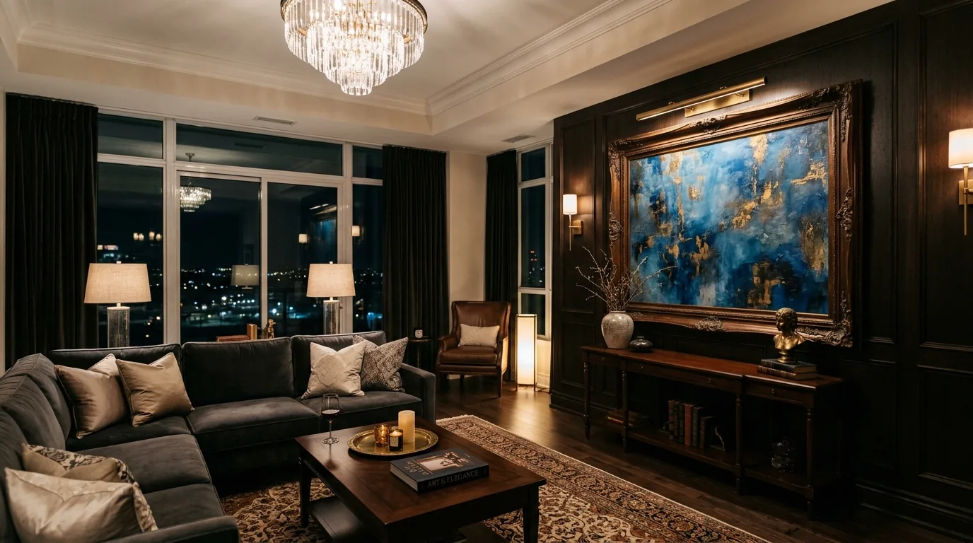 Reading nook with layered framed sketches and textured wall light