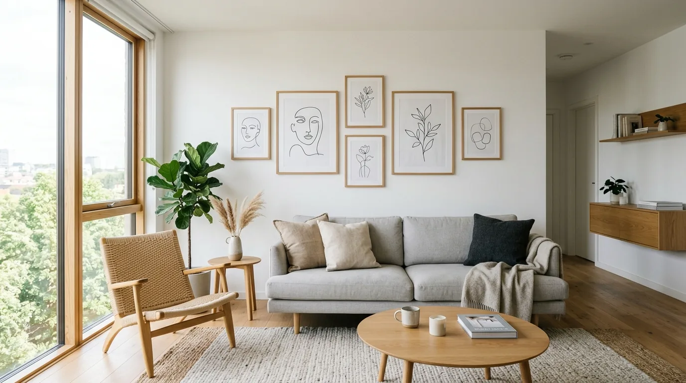 Bedside wall with slim stacked art ledge