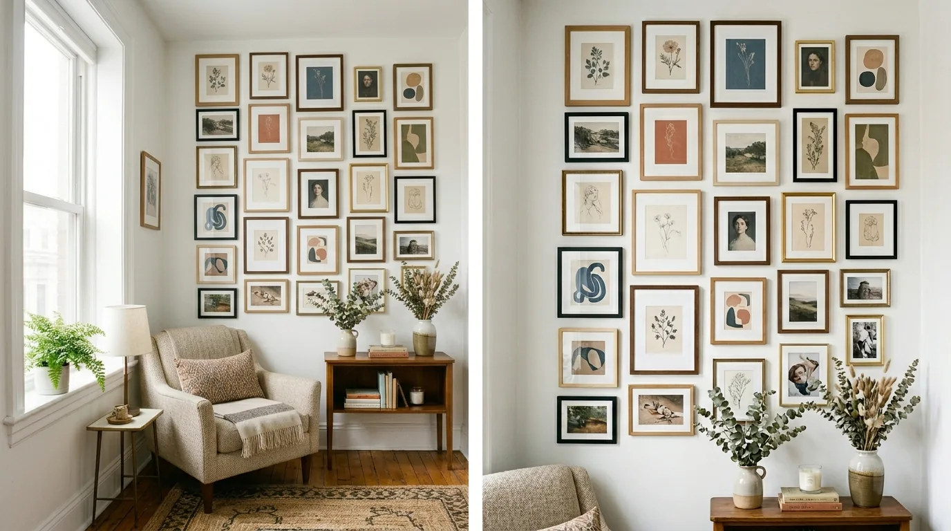 Narrow hallway with vertical art series