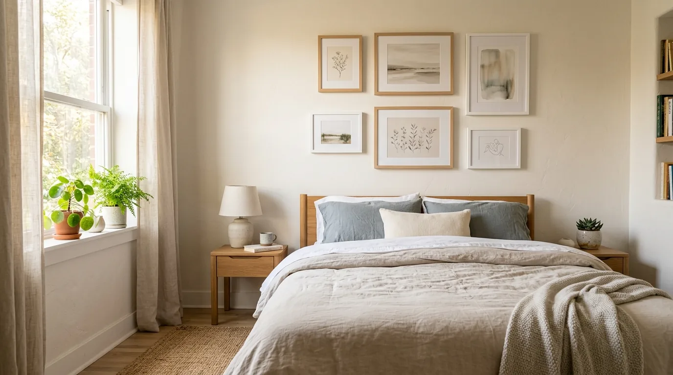 Small bedroom with single soft abstract piece above bed