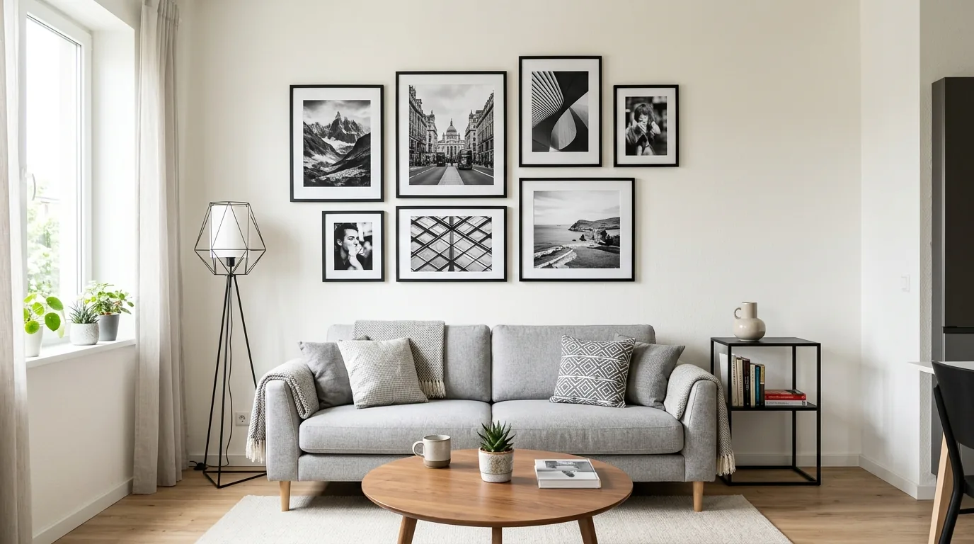 Entry corner with petite gallery wall over bench