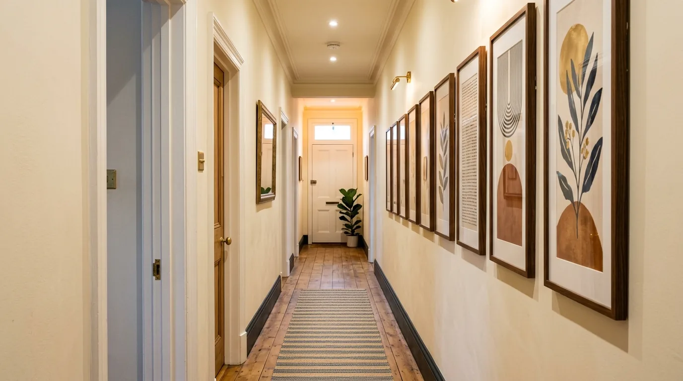 Compact office nook with cork board and framed art mix