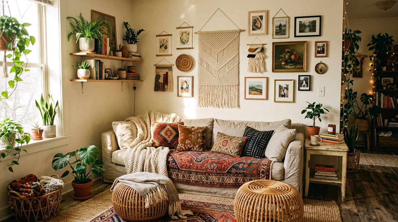 Small bathroom with narrow art ledge and layered framed prints