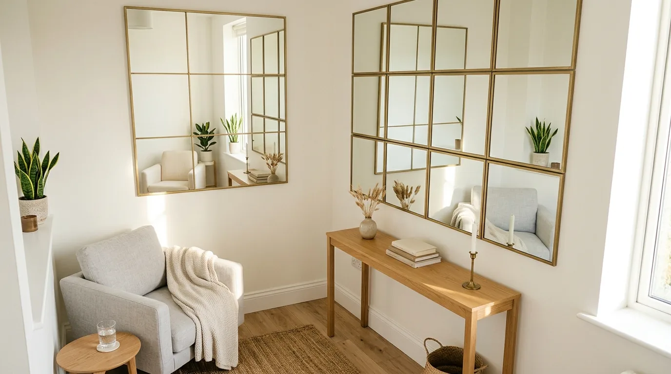 Studio apartment with tall art leaning on shelf above desk