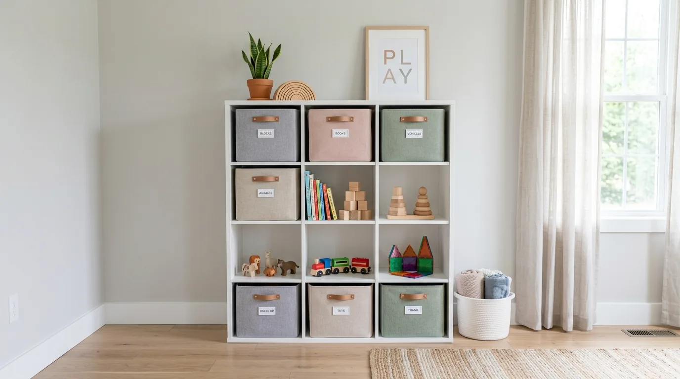 Living room with storage ottoman for toys