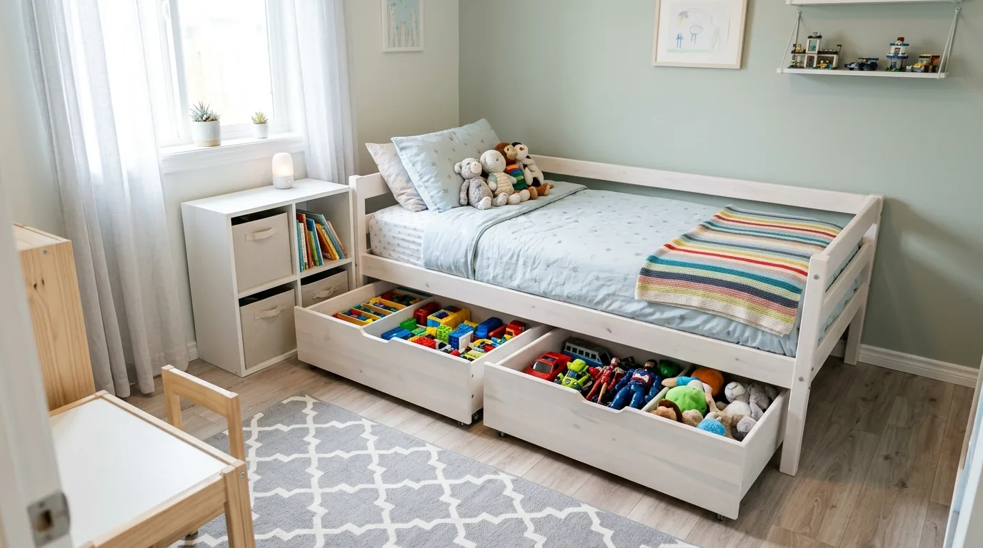 Kids bedroom with under bed toy drawers