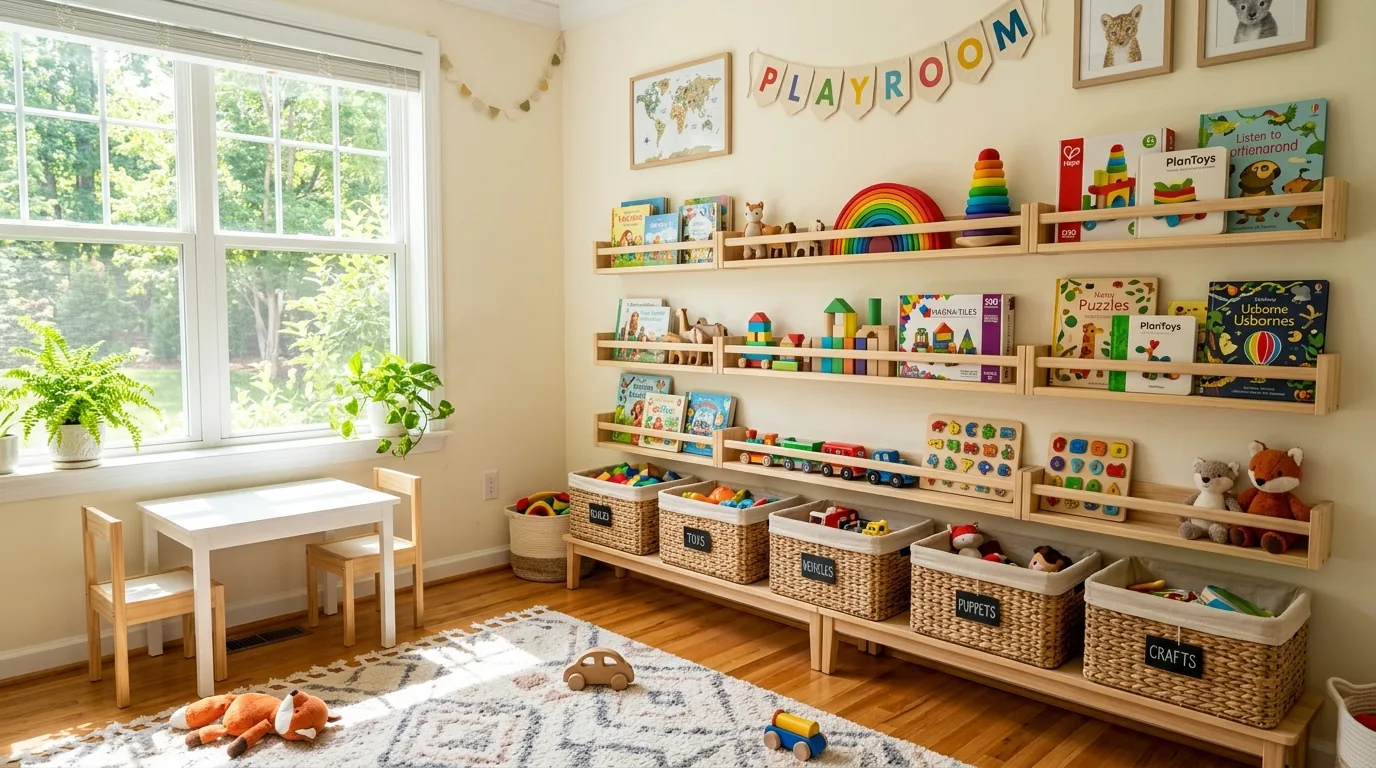 Play corner with rolling carts for art supplies and building toys