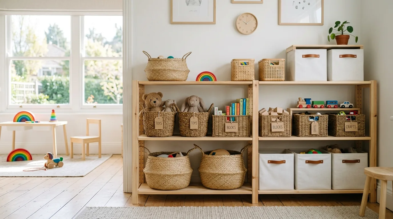 Modern playroom with closed cabinets below and display shelves above