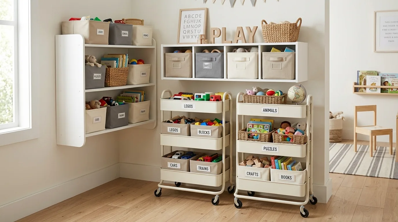 Small apartment kid corner with stackable bins and peg rail storage