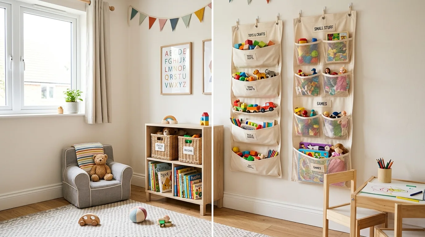 Playroom closet converted into toy station with labeled drawers