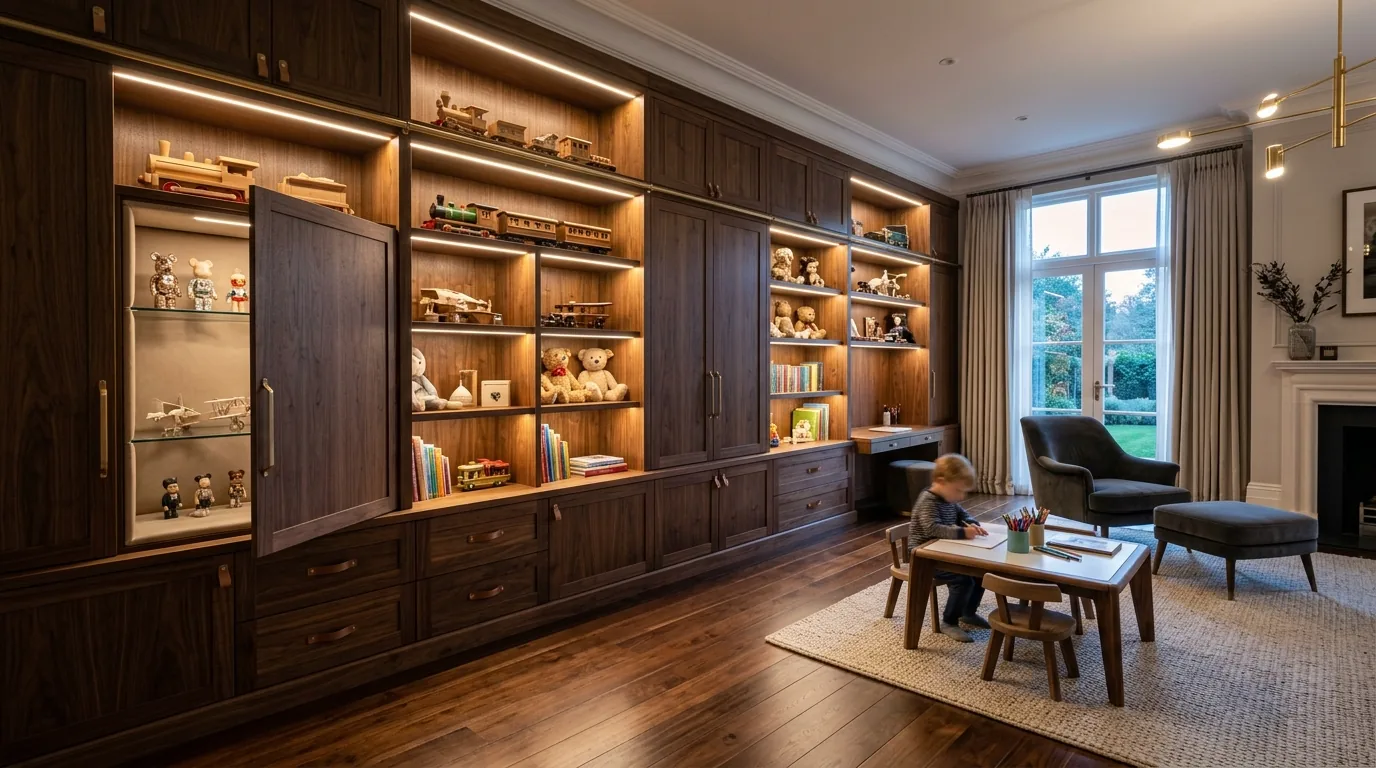 Scandinavian kids room with simple wood storage bench and canvas bins