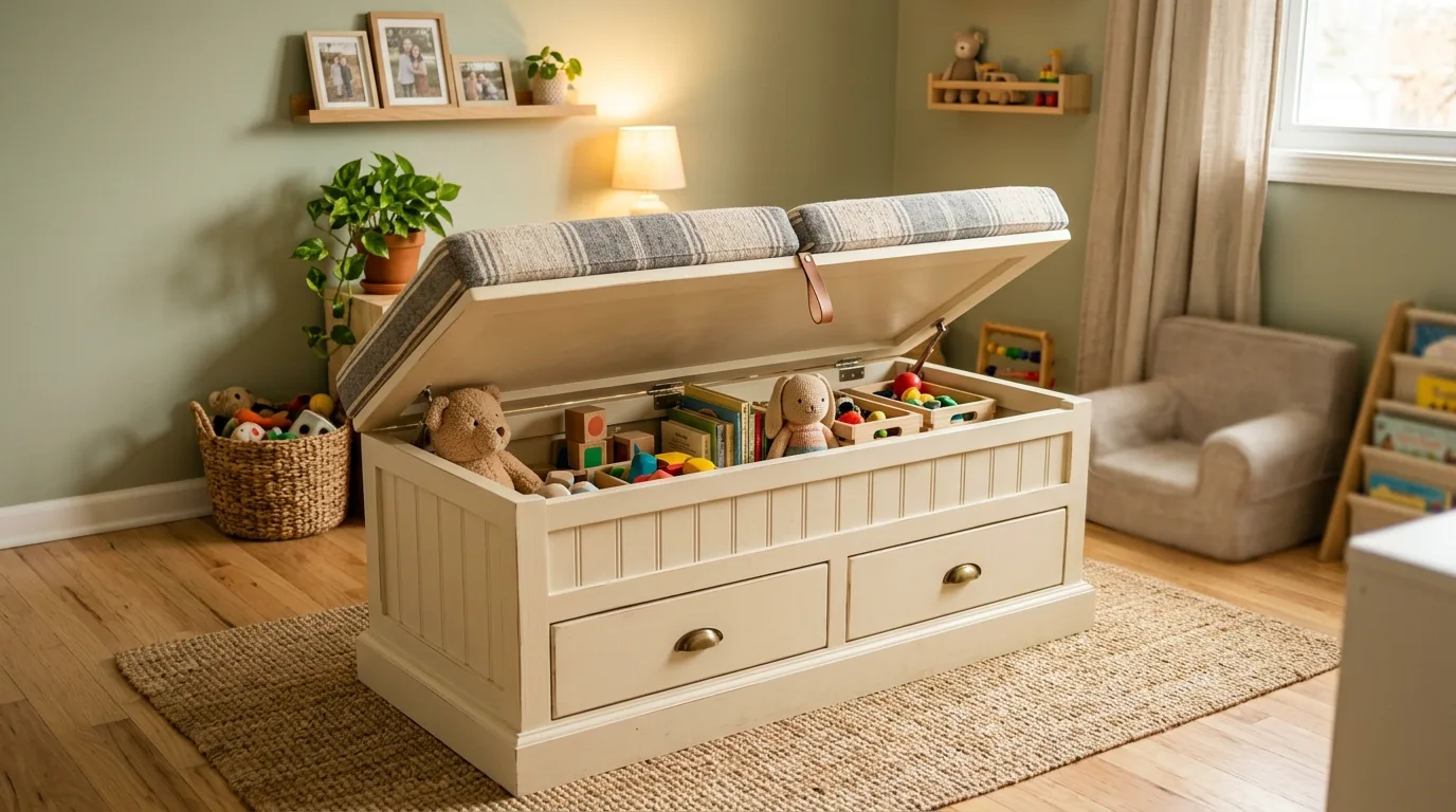 Family room shelf styling with a few curated toys and baskets below