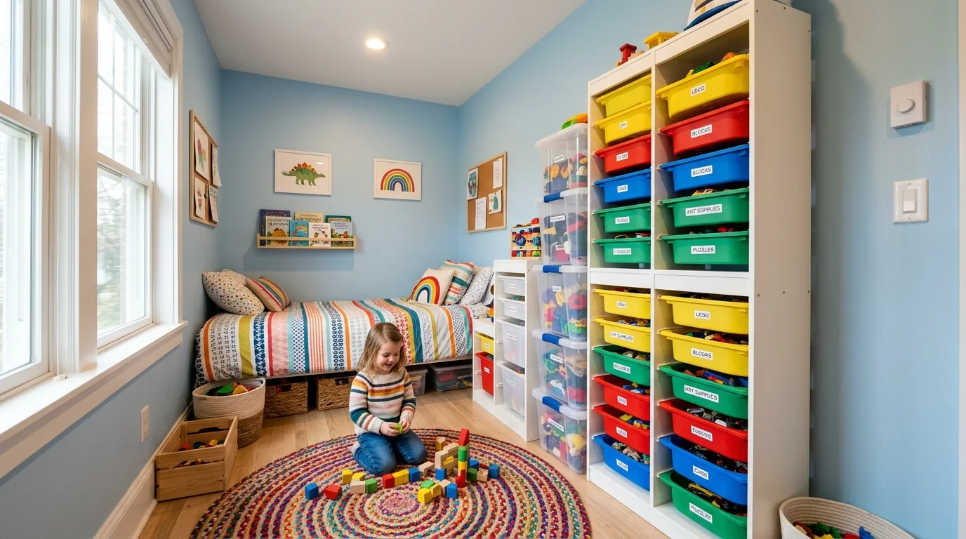 Shared sibling room with modular cube storage and toy sorting bins