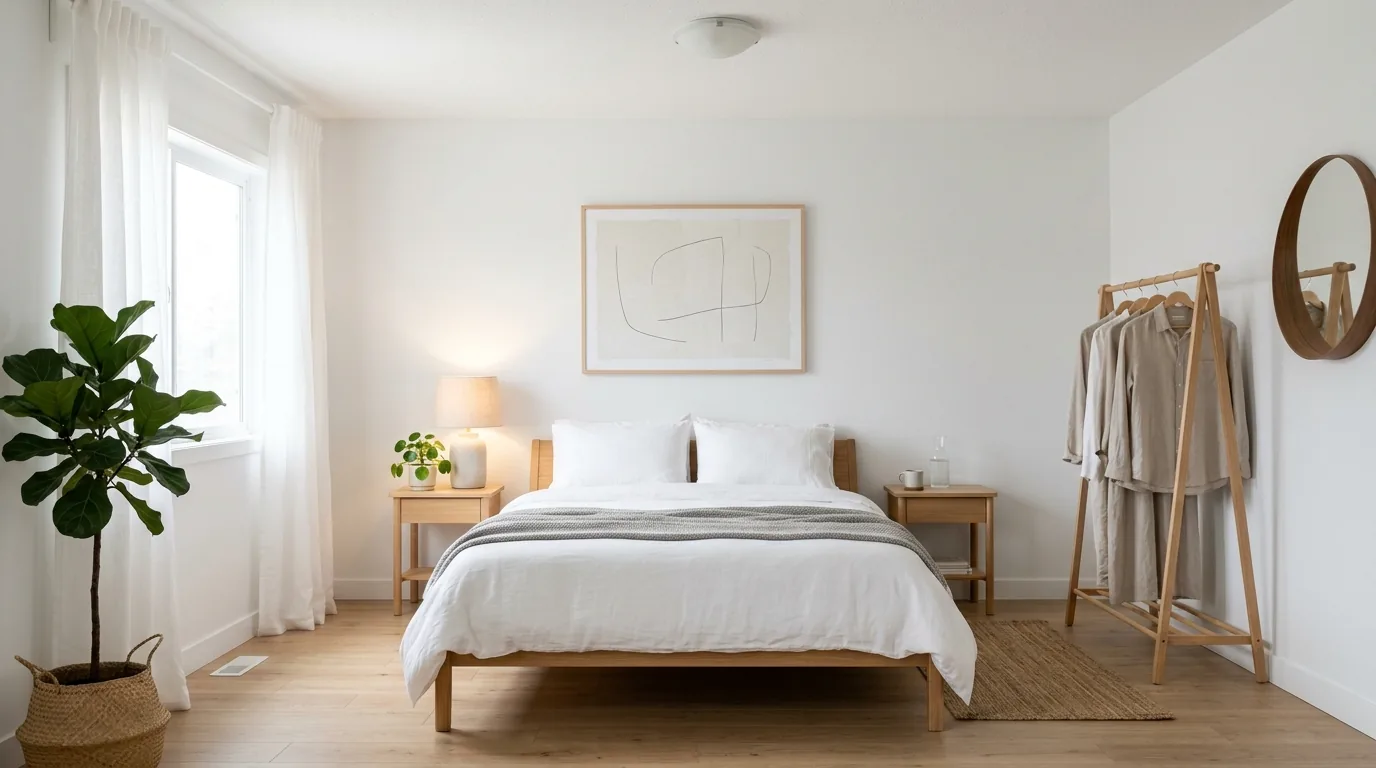 Small bedroom before and after style concept with taller curtains