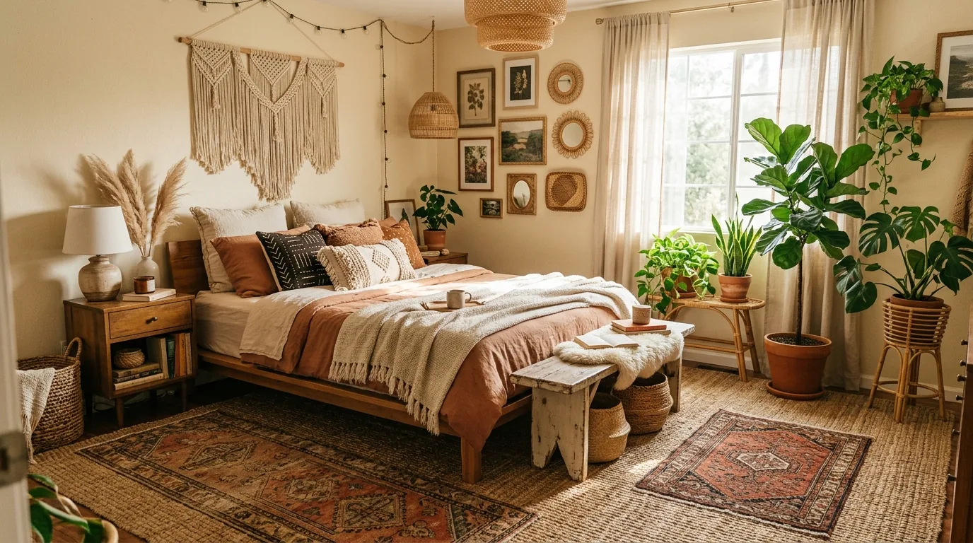 Boho bedroom makeover with cane bed