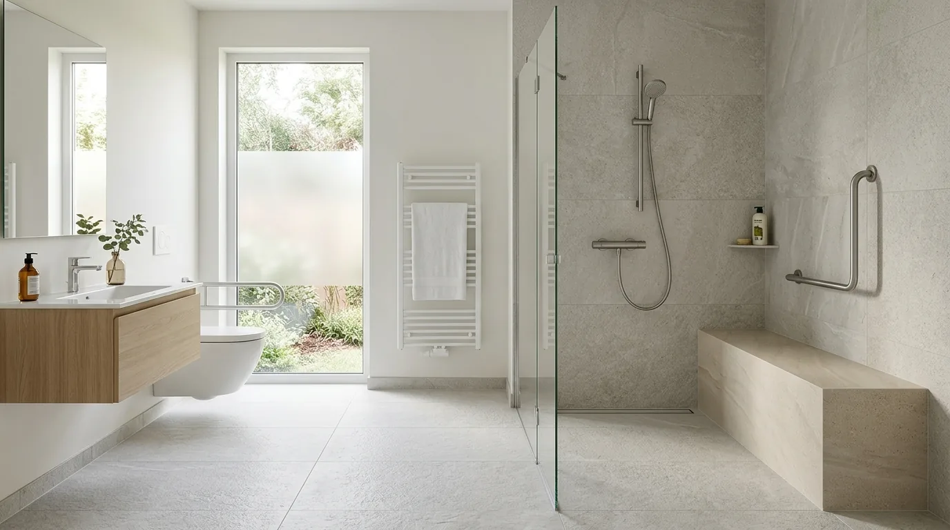 Modern accessible bathroom with curbless shower entry