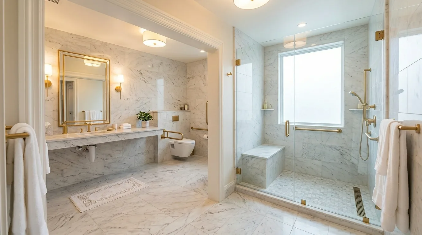 Elegant accessible bathroom with marble tiles