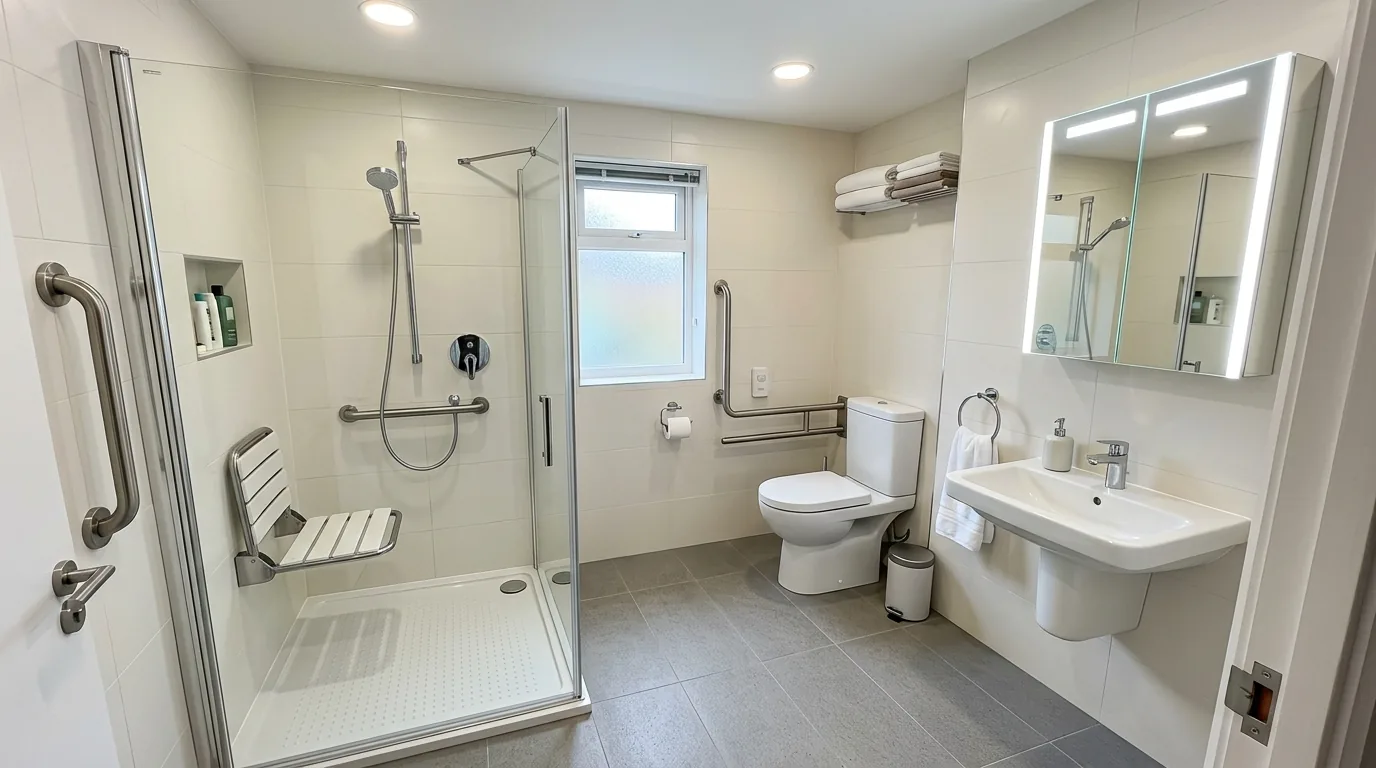 Compact senior bathroom with space saving layout