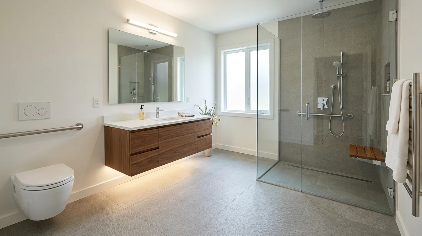Contemporary senior bathroom with floating vanity