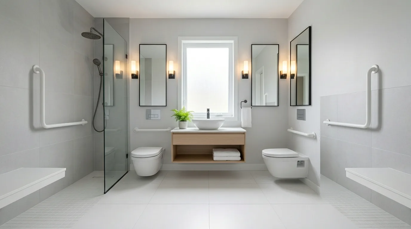 Minimalist senior bathroom with white and gray tones