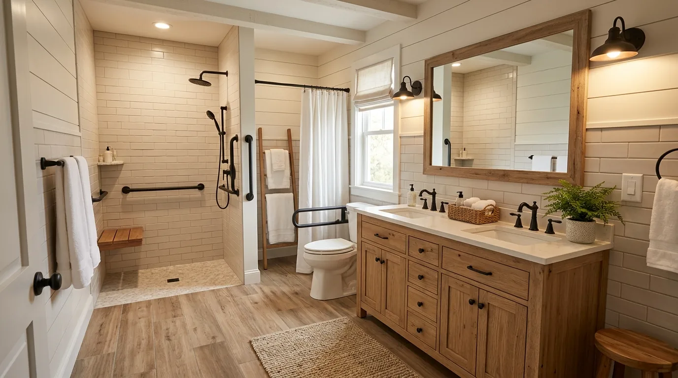 Farmhouse style senior bathroom with wooden vanity